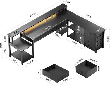 Геймерський кутовий стіл L-подібний з шухлядами, LED-підсвіткою, розеткою та підставкою для монітора, 200 x 146 см, чорний — комп'ютерний стіл для офісу та спальні