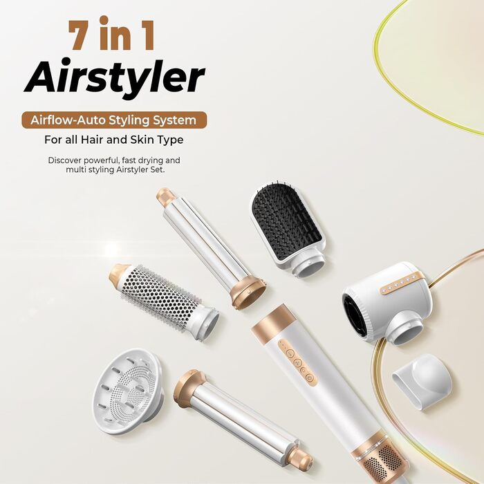 UKLISS Airstyler – багатофункціональний стайлер для волосся 7 в 1, фен-щітка з дифузором, автоматичний плойка, 110000 об/хв, для всіх типів волосся, білий