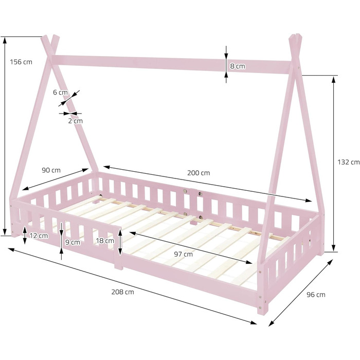 Дитяче ліжко-хатинка Tipi ML-Design 90x200 см рожеве з бортиком, дерев'яне з масиву сосни, індіанський дизайн, з ламелями, для дівчаток, ігрове ліжко-намет