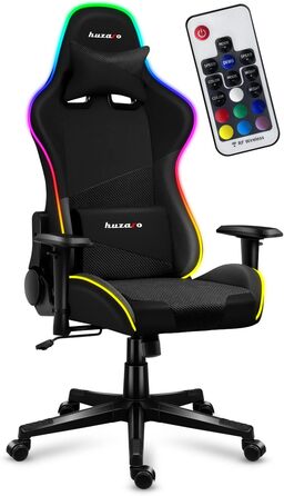 Ігрове крісло Huzaro Force 6.2 Black RGB з LED підсвіткою, еко-шкіра, тканина, карбон, до 130 кг, регульована висота, підголівник, поперекова підтримка, ергономічне, чорне