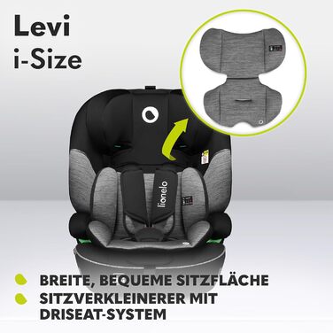 Автокрісло Lionelo Levi i-Size 76-150см R129, група 1/2/3, чорно-сірий, з Memory Foam та Dri-Seat
