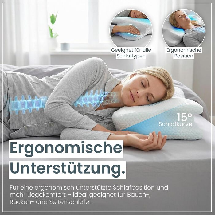 Ергономічна подушка для шиї та голови Gentle North з ефектом пам'яті (Memory Foam), для сну на боці, спині та животі, зі знімним чохлом, 61x40x12 см, синя