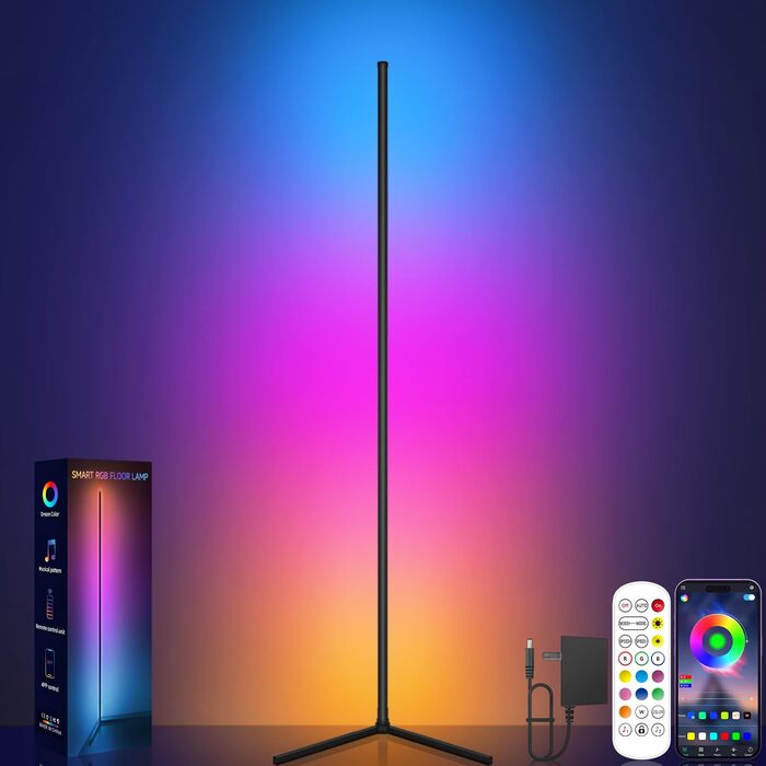 Світлодіодний торшер RGB з кутовим освітленням, керуванням зі смартфона та пультом, синхронізація з музикою, 16 млн кольорів для спальні, ігрової кімнати