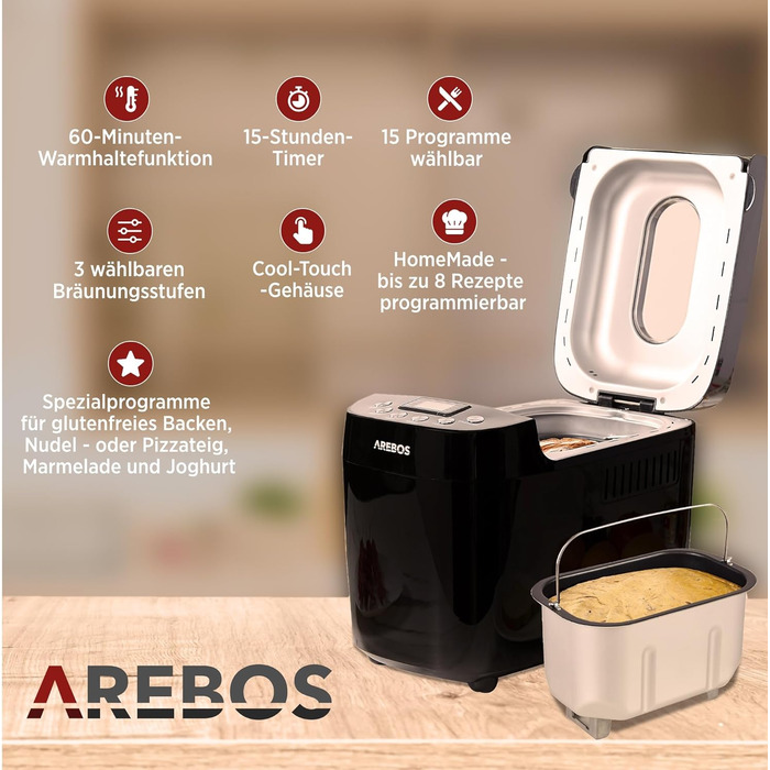 Хлібопечка Arebos 1500г | 15 програм | Таймер | LCD дисплей | 850 Вт | Чорний