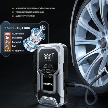 Бустерний пускач автомобіля DYEETIC 6000A 59Wh з компресором для шин, портативний Jumpstarter для бензинових, дизельних (до 10л) та гібридних авто, LED-ліхтарем, сірий