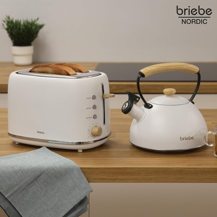 Тостер Briebe Nordic Set 2-слотовий з підставкою для булочок, 6 рівнів підсмажування + Електричний чайник індукційний 2.3л, нержавіюча сталь, без BPA, набір для сніданку в скандинавському дизайні, білий
