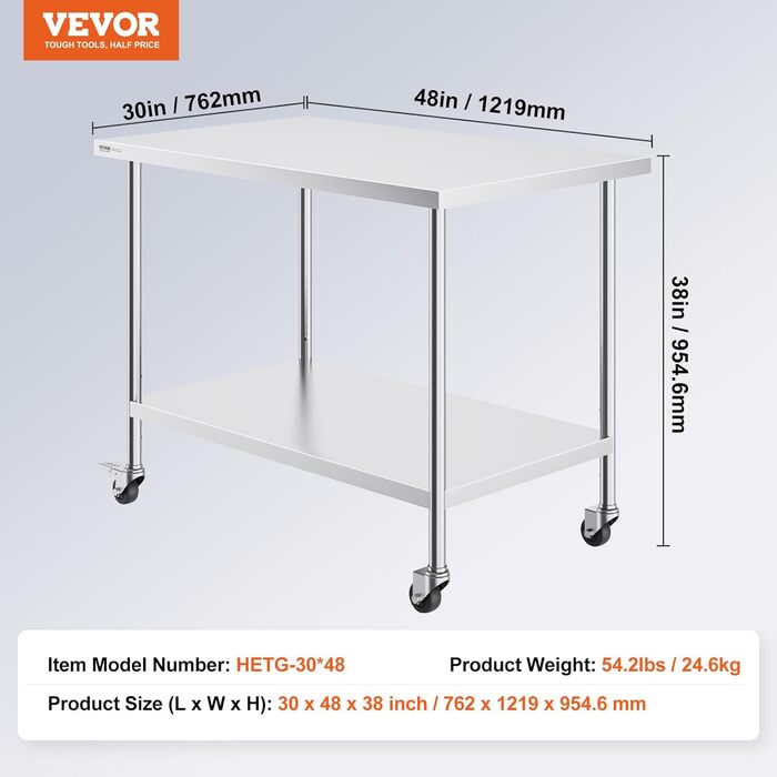 Стол з нержавіючої сталі VEVOR 90x60x85 см, з 4 колесами, регульована висота, для приготування їжі, срібний