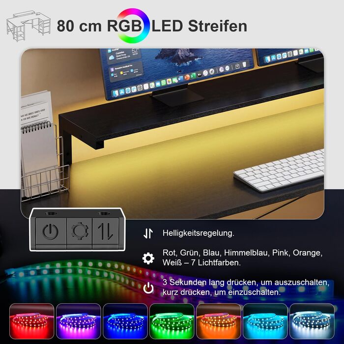 Ігровий стіл Devoko кутовий з LED, 3 шухляди, 170x95x75 см, регульована полиця, 2 розетки USB (Чорний)