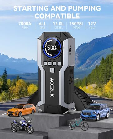 Портативний пусковий пристрій Starthilfe Powerbank з компресором 150PSI, 12V, для автомобілів (бензин/дизель до 12L), LED-ліхтарик, 6000A