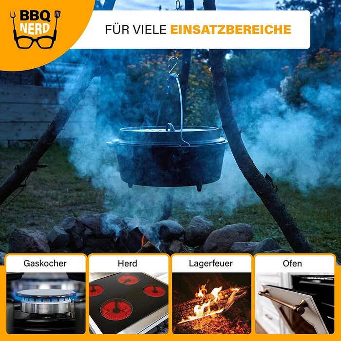 Голландська піч BBQ-Nerd 'Starter' 3.1L з ніжками - готова до використання, попередньо оброблена - чавунний котелок, жаровня з кришкою та підйомником кришки - вогнестійкий котелок для гриля та кемпінгу, котелок для гриля 'Starter' з ніжками 3.1 літр