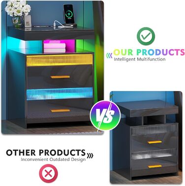 Нічний столик Lvifur з LED-підсвічуванням, сенсором руху та USB/Type-C зарядкою, 2 шухляди, бездротова зарядка, 3 кольори, регулювання яскравості, чорний