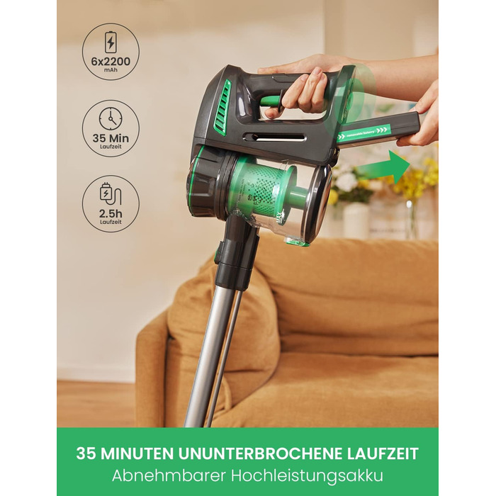 Пилосос Vactidy Blitz V8 бездротовий, 25КПа, знімний акумулятор, до 35 хв роботи, для прибирання шерсті тварин та твердих підлог, зелений