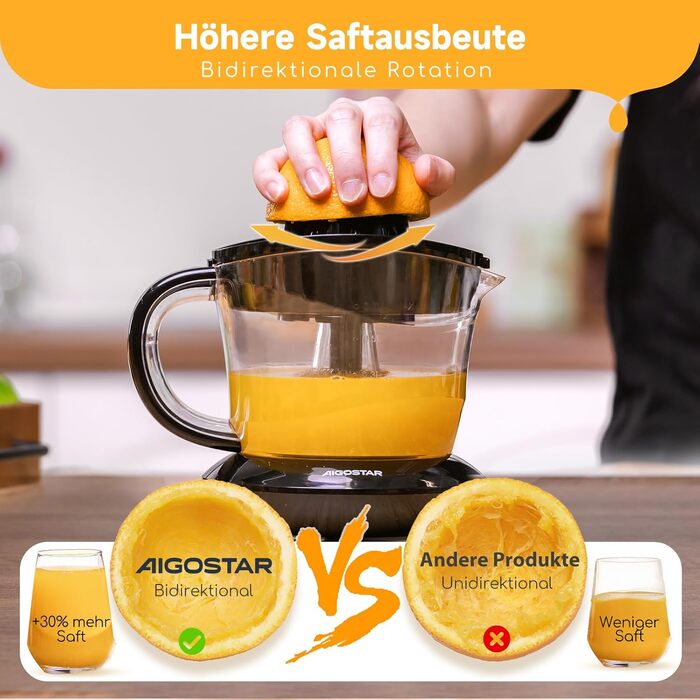 Електрична цитрусовижималка Aigostar 700 мл, 40 Вт, 2 режими, BPA-free, чорна