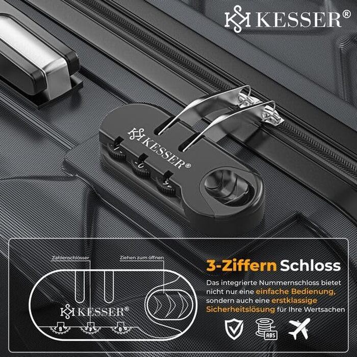 Валіза для подорожей KESSER® 55 см, 55л, ABS пластик, жорстка оболонка, колір Charcoal (вугільний) з кодовим замком, вагами для багажу та гаманцем, 360° колеса, телескопічна ручка