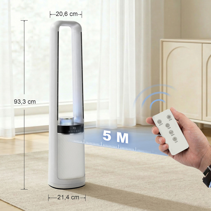 Безлопатевий вежаний вентилятор: осциляція 45°, LED-підсвітка, 3 швидкості, таймер на 12 годин, пульт керування
