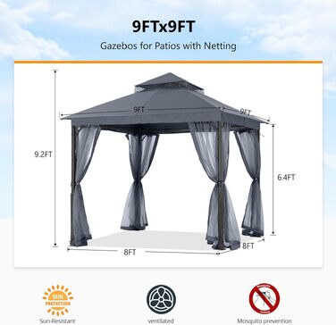 Павільйон садовий ABCCANOPY 2.5x2.5м водонепроникний, з сіткою, зимостійкий, сірий - для вечірок та захисту від сонця та дощу