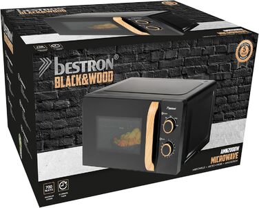 Мікрохвильова піч Bestron 700 Вт, 5 режимів, 35 хв таймер, обертовий піддон 25,5 см, чорна з дерев'яними вставками