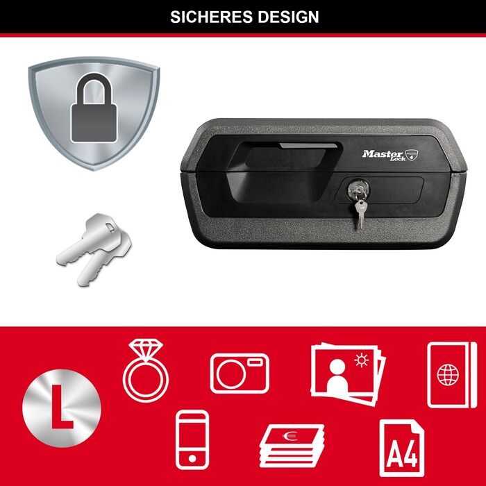 Вогнетривкий і водонепроникний сейф MASTER LOCK LCFW30100, 10 л, з ключовим замком для документів, електроніки та цінностей