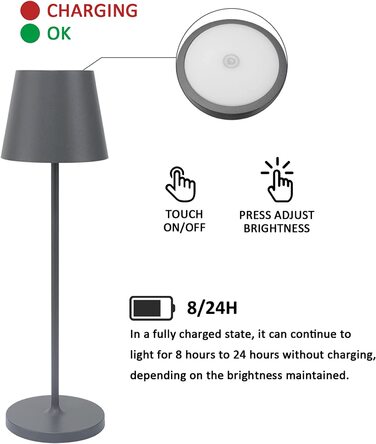 LED настільна лампа K-Bright з регулюванням яскравості | Акумуляторна, для дому та вулиці | Тепле світло | USB зарядка | 1 шт. (Темно-сіра)