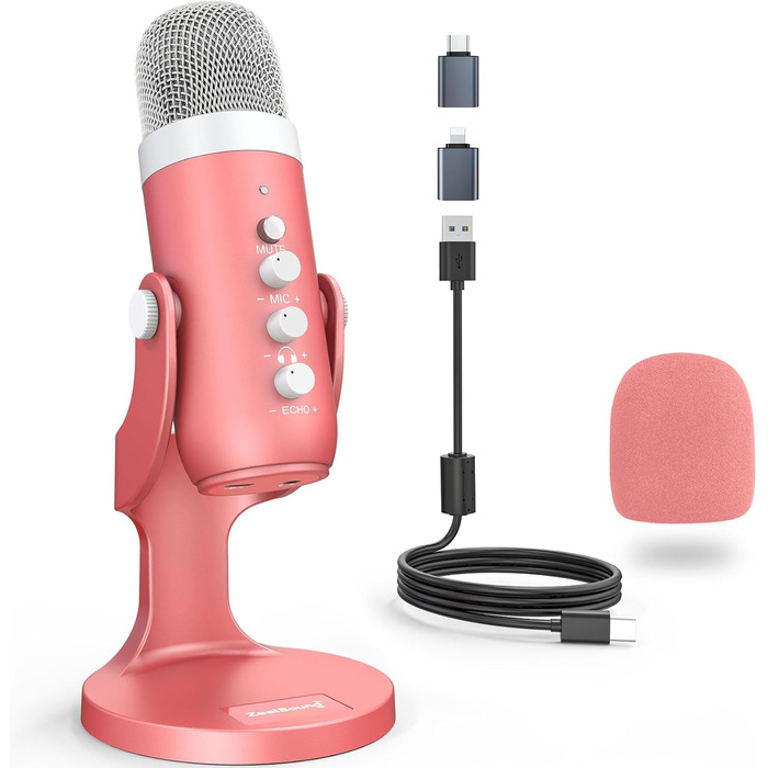 Zealsound USB мікрофон K66 для ігор, запису, стрімінгу, ASMR, подкастів, TikTok, YouTube, Twitch, з шумозаглушенням, моніторингом та кнопкою вимкнення звуку, для iPhone, смартфонів, ПК, PS4/5, рожевий