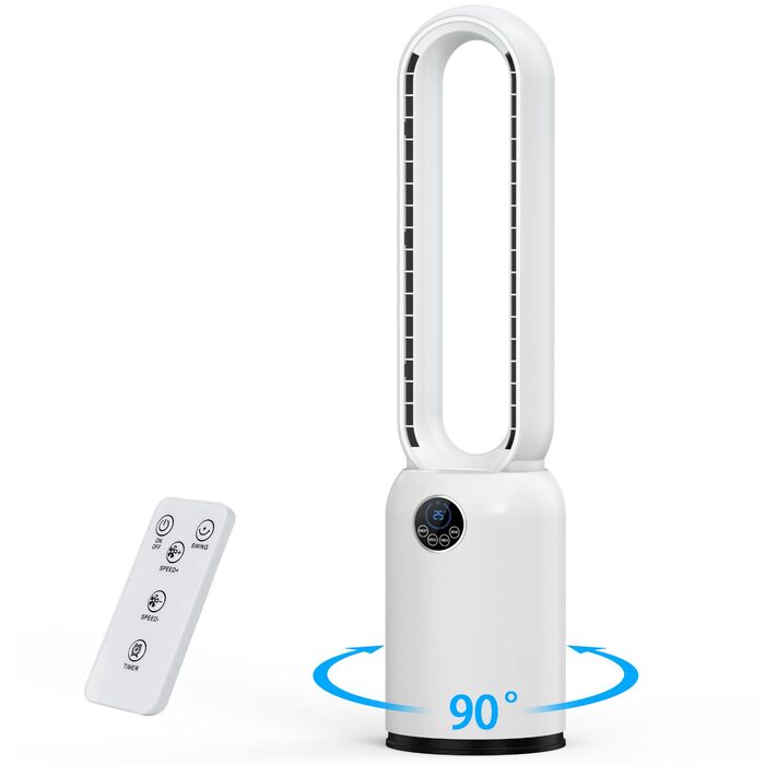 Безлопатевий вентилятор Turmventilator 88 см з LED-дисплеєм та пультом ДУ, 55 Вт, таймер 12 год, для спальні та офісу (білий)