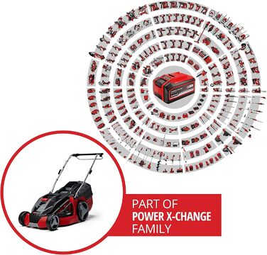 Акумуляторна газонокосарка Einhell GE-CM 43 Li M Kit Power X-Change 36В, безщіткова, ширина косіння 43 см, для газонів до 600 м², з мульчуванням, кошик 63 л, висота 25-75 мм, 2 акумулятори 4.0 А·год та 2 зарядні пристрої