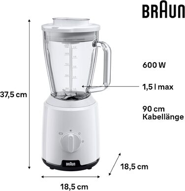 Блендер Braun PowerBlend 1 JB1050WH білий - скляна колба 1.5л, 600 Вт, подрібнювач, для смузі та льоду