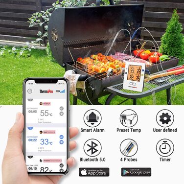 Bluetooth термометр для м'яса ThermoPro з 4 щупами, цифровий термощуп для гриля, коптильні, BBQ, стейків, з радіусом дії до 150 м, сумісний з iOS та Android