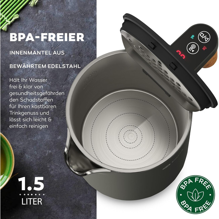 Електричний чайник BALTER з регулюванням температури, 1.5л, 2200W, з нержавіючої сталі, без BPA, бездротовий, сірий/білий