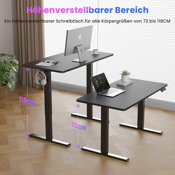 Регульований стіл WALKINGDESK для дому та офісу: електричний, 120 x 60 см, з 4 пам'яттю, з гачками, чорний