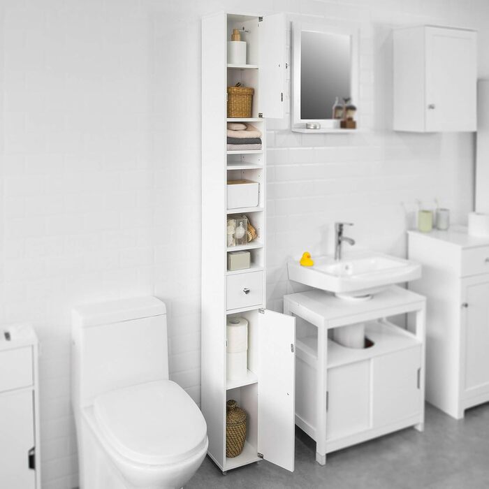 SoBuy BZR34-W Високий шафа для ванної з 5 полицями, 1 шухлядою та дверцятами, білий, 20x180x20 см