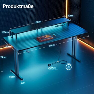 Ігровий стіл HLONONE з LED підсвіткою 140x60 см, 3 розетки USB, стійкий стіл для геймерів та офісу, чорний