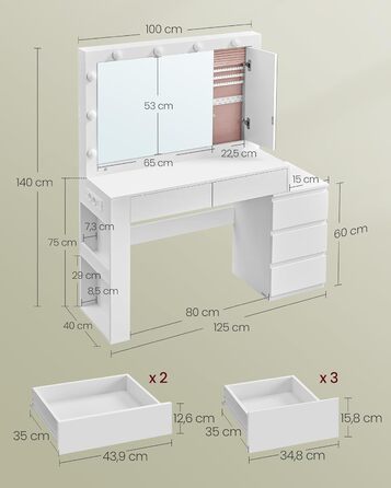 Трюмо VASAGLE з LED-підсвічуванням, дзеркалом та ящиками, 40 x 125 x 140 см, сучасний дизайн, колір 