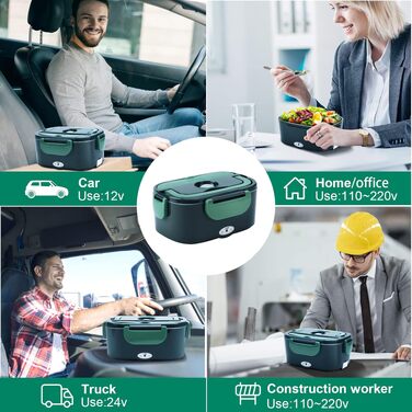 Електричний ланч-бокс для їжі 4 в 1 (12V/24V/220V), 1.5Л, 60Вт, нержавіюча сталь — підігрівач їжі для авто, вантажівок, офісу та дому, темно-зелений (з набором приборів та термосумкою)