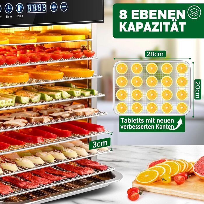 Сушарка для овочів, фруктів, м'яса Kwasyo Edelstahl 8 ярусів з регулюванням температури 30-90°C, таймером 24 год, без BPA