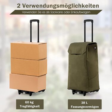 Кошик-тележка COSTWAY 2 в 1, 38 л, висота регулюється, 2 колеса, зелений, до 60 кг, з бічними кишенями та відділенням на блискавці