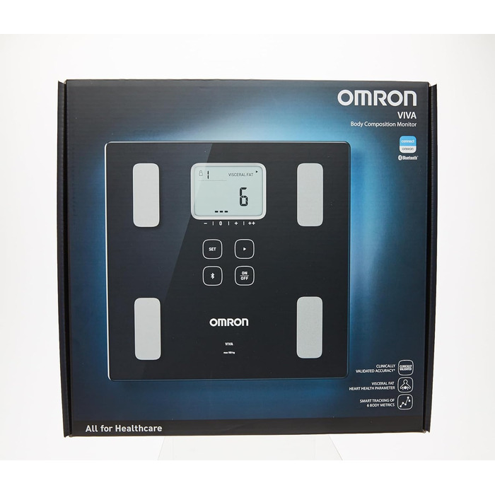 OMRON VIVA – розумні ваги-аналізатор складу тіла з Bluetooth, додатком, вимірюванням жиру, ваги, вісцерального жиру, м’язової маси, базального метаболізму та ІМТ; для 4 користувачів, тонометр з Bluetooth; рейтинг 'Добре' 10/24 від Stiftung Warentest