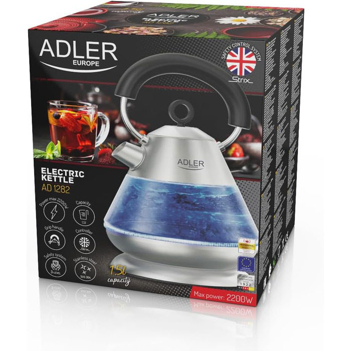 Електричний чайник Adler AD 1282 скляний 1,5 л, підсвітка, бездротовий, BPA-free, автоматичне вимкнення, 2200 Вт, вінтажний дизайн, прозорий/сталь