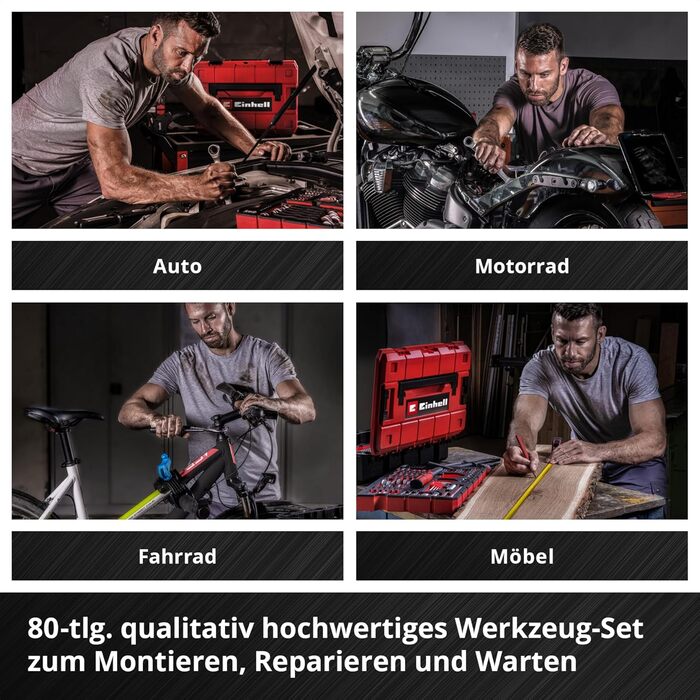 Einhell E-CASE 80: Набір інструментів в кейсі (80 предметів) для дому, майстерні, в дорозі - міцний пластиковий кейс