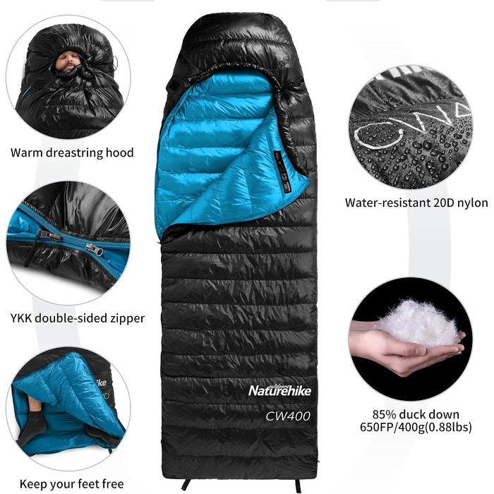 Ультралегкий спальний мішок Naturehike CW400 RDS пуховий, чотирьохсезонний для кемпінгу та подорожей, чорний (6°C, розмір M)