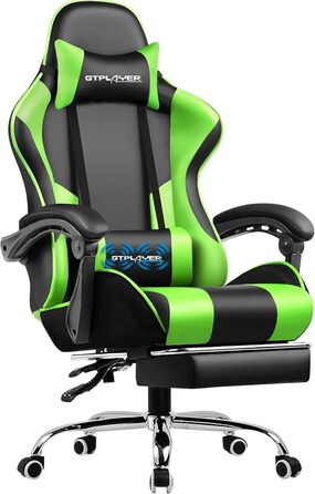 Ігрове крісло GTPLAYER з масажем та підставкою для ніг, ергономічне офісне крісло для геймерів, з підголівником і масажною подушкою для попереку, оббите, поворотне, зелений колір