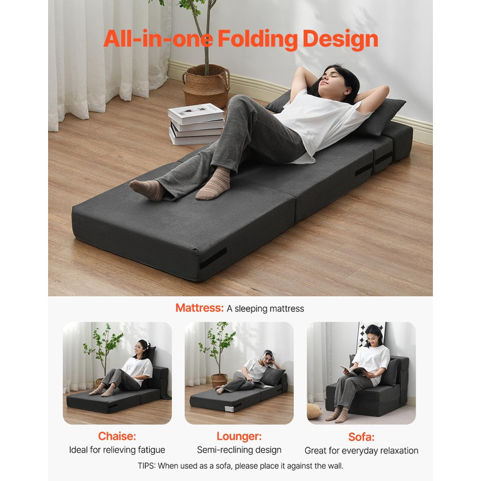 Диван-ліжко VEVOR 3-в-1 розкладний, з подушками, знімним чохлом, піна Memory Foam, сірий (односпальний) 1860x730x150 мм