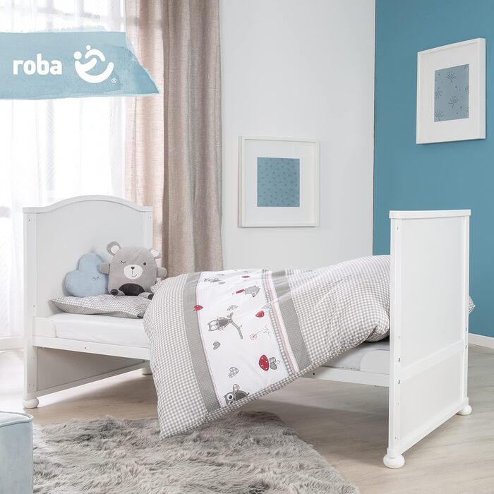 Дитяче ліжечко roba Adam & Eule 70x140 см, біле, комплект: матрац, постіль, балдахін, дерев'яне, регульоване, трансформується у підліткове