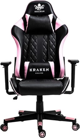 KRAKEN Gaming крісло для геймерів, ергономічне комп'ютерне крісло з 3D підлокітниками, регульоване, з підголівником і поперековою подушкою, штучна шкіра, чорне-рожеве