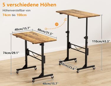 Регульований по висоті письмовий стіл HOMIDEC з колесами, 80x40 см (Vintagebraun) для дому та офісу. Стол для комп'ютера, стоячий стіл для ходьби