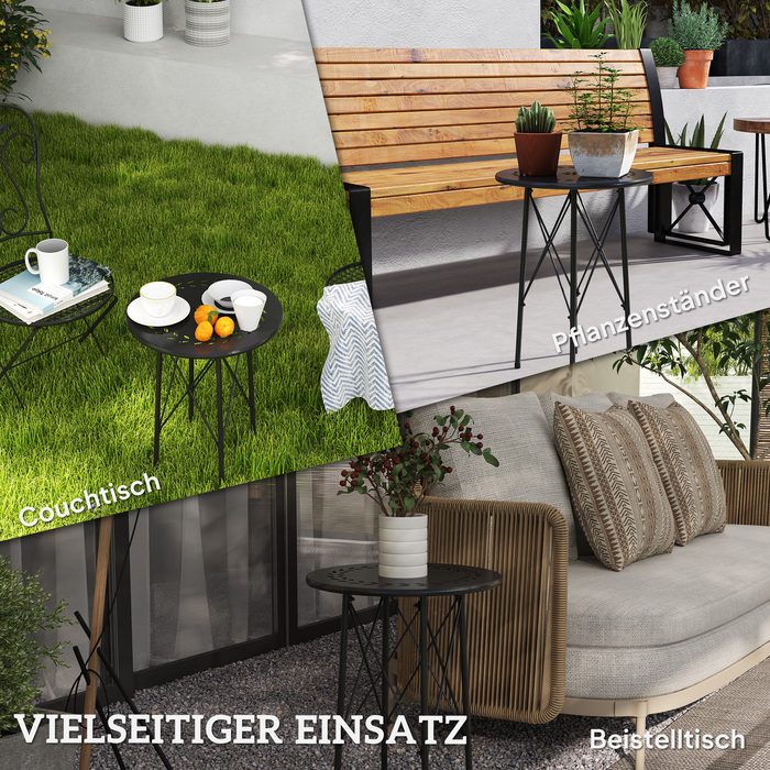 Outsunny Garden Table Ø40 x 50 см, Атмосферостійкий сталевий балконний стіл, Бічний столик із захисними ніжками з квітковим дизайном, Круглий обідній стіл на відкритому повітрі, Кемпінговий стіл Патіо Стіл для патіо Стіл для саду Балкон Чорний
