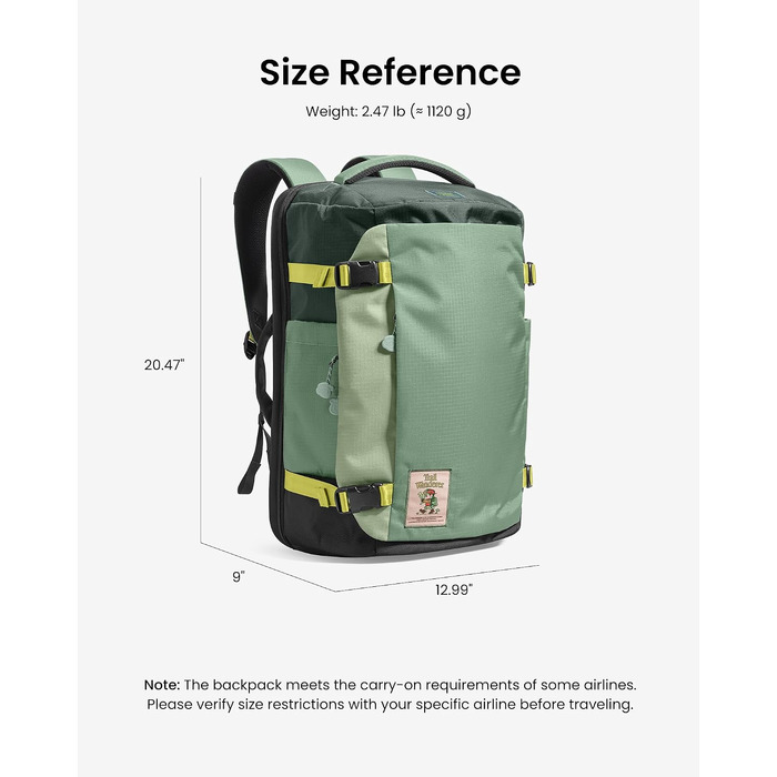 Дорожній рюкзак tomtoc 28L/40L для подорожей та перельотів, TSA-сумісна ручна поклажа (Moosgrün-ripstop)