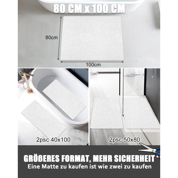 Протиковзкий килимок для душу та ванної 60x90 см, м'який масажний килимок з PVC-луффи з дренажними отворами, швидкосохнучий (Білий, прямокутний)