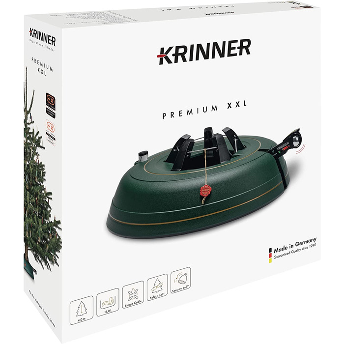 Підставка для ялинки KRINNER PREMIUM L зелена з педальним керуванням та тросовою системою. Безпечна дзвіночок для ялин висотою до 2,7м. Зроблено в Німеччині.