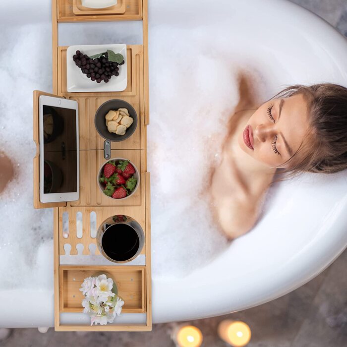 Підставка для ванни Relaxdays з бамбука, розсувна, з тримачем для книги, келиха, мила та аксесуарів, натуральний колір